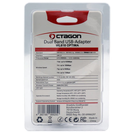 Octagon WL618 Optima WLAN 600 Mbps +2dBi antenni USB 2.0 adapter 2.4 ja 5G kahesagedusliku levialaga, VU+, Gigablue, Protek ja teiste satelliitvastuvõtjatega Linux E2 operatsioonisüsteemi ja arvutiga, must