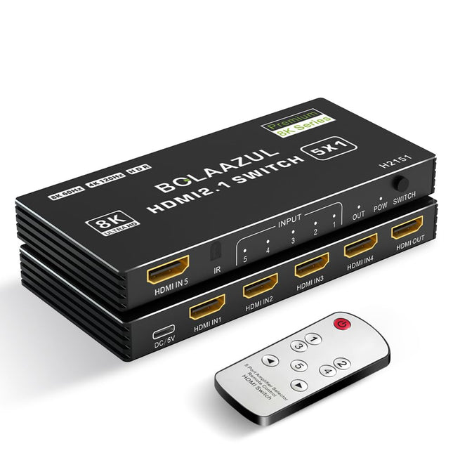 BolAAzuL 8K HDMI 2.1 lüliti 4K 120Hz, HDMI lüliti 5 sisendit 1 väljund 8K@60Hz 4K@120Hz 2K@144Hz, HDMI 2.1 jaotur 5-pordiga IR-puldiga, HDMI 5x1 HDR, 48GBPS, CEC, Dolby Vision Xbox PS5 arvutitele