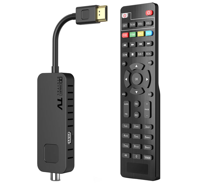 Dcolor DVB-T2 digitaalne maapealne dekooder - HDMI TV Stick, Dolby Audio HD 1080P H265 HEVC Main 10-bitine, toetab USB WiFi/Multimeediat/PVR-i [sisaldab 2-ühes universaalset kaugjuhtimispulti]