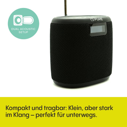Pure Woodland Mini Outdoor Speaker with Bluetooth &amp; DAB+/FM Radio (waterproof IP67, robust, portable, 14h battery, perfect for garden &amp; camping) Black