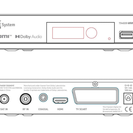 Tele System TS4020 dekooder kahe DVB-T/T2 ja DVB-S/S2 HEVC HD HDR10 HLG tuuneriga, juurdepääs tasuta eetrisse, maapealsele televisioonile ja satelliittelevisioonile ning raadiole. USB-meediapleier muusika ja fotode jaoks.