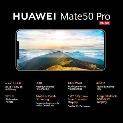 HUAWEI Mate 50 Pro, Ultra Aperture XMAGE Camera, 66W Supercharge, 4700mAh High-Performance Battery, Black, German Version, 8GB + 256GB