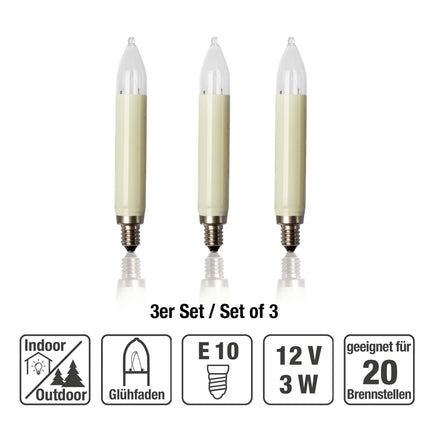 Hellum replacement candles for Christmas tree candles and fairy lights, indoor and outdoor, 3 pieces 12V 3W candle for fairy lights with 20 burning points, ø15mm E10/ 12V/ 3W/ 22 lumens 902037