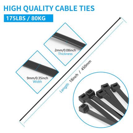 Armpow 100 tükki 450 mm x 9 mm mustad kaablisidemed, laiad kaablisidemed, tõmbetugevus 80 kg, UV-kindlad kaablisidemed, pikad kaablisidemed, suured kaablisidemed kaablite haldamiseks