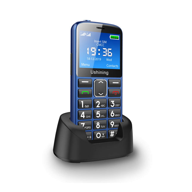 ukuu pensionäridele mõeldud mobiiltelefon ilma lepinguta suurte nuppudega, 1000 mAh aku, pikk ooteaeg, kahekordne SIM-kaart hädaabikõne nupuga, 2,4-tolline värviline ekraan, pensionäridele mõeldud mobiiltelefon suurte nuppude ja laadimisjaamaga - sinine