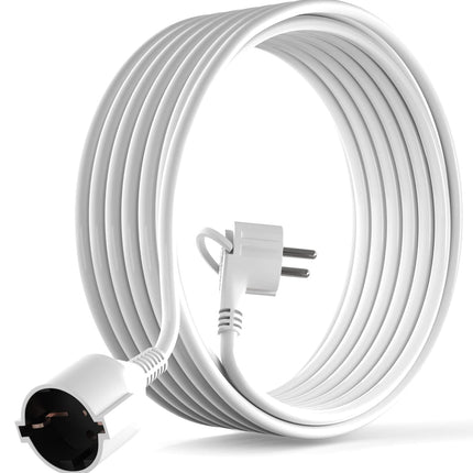 MutecPower 5-meetrine pikenduskaabel lameda pistikuga, kvaliteetne plastmassist Schuko pikenduskaabel lameda pistiku, kaitsekontakti, 90° nurgaga pistiku ja kaitsekontaktiga ühendusega kuni 250V 16A IP20-5m valge