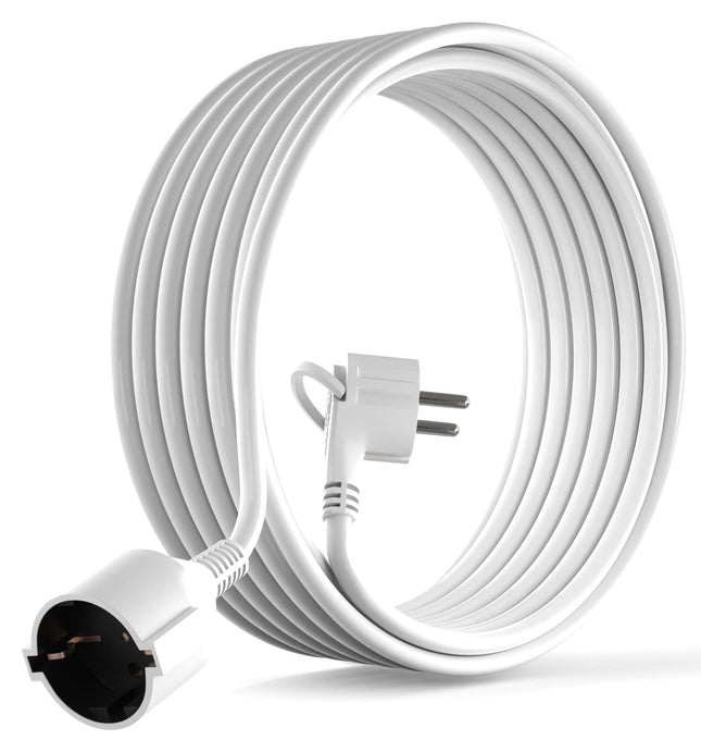 MutecPower 5 meter extension cable with flat plug, quality plastic Schuko extension with flat plug, protective contact, 90° angle plug &amp; protective contact coupling up to 250V 16A IP20-5m white