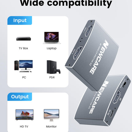NEWCARE HDMI Splitter 1 in 2 Out (Mirror Only, Not Extend), 4K@60Hz HDMI Splitter 1 to 2 with 1.2M High Speed ​​Cable, HDMI Splitter for 2 Monitors Simultaneously for Full HD TV Xbox PS4/5 Grey