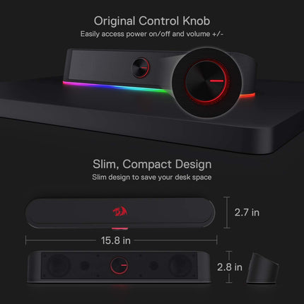 Redragon GS560 Adiemus RGB lauaarvuti heliriba, 2.0-kanaliga arvutikõlar dünaamilise valgusribaga, heli ja valguse sünkroonimine/ekraan, puutetundlik taustvalgus helitugevuse reguleerimisega, USB-kaabel