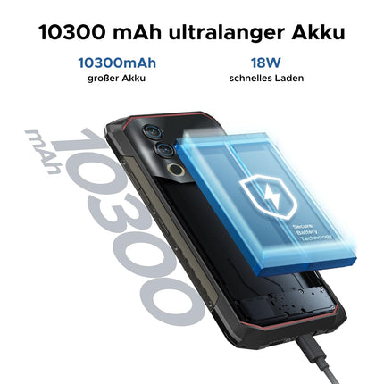 DOOGEE Blade10 Power Outdoor Handy Ohne Vertrag Android 14-10300mAh, 24GB+256GB/TF 2TB Outdoor Smartphone Wasserdicht, 50MP AI Kamera, 6.6 Zoll baustellenhandy, Drei Kartenfächer/ IP68/NFC/GPS/Face ID