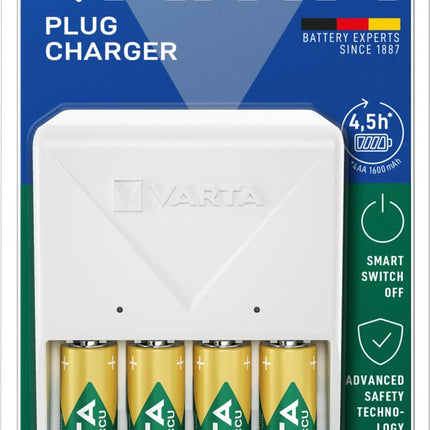 VARTA akulaadija, sh 4x AA 2100mAh, akulaadija laetavatele akudele, laeb korraga 2 või 4 AA/AAA akut, pistikupesast laadija, valge