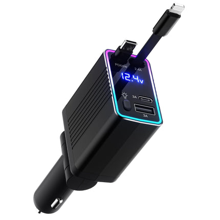 4-in-1 Retractable Car Charger, 120W Car Charger Car Accessory, 12V/24V USB Cigarette Lighter Adapter with iPhone and Type-C Cable, Ultra-Fast Car Charger Compatible with iPhone/Huawei (Black)