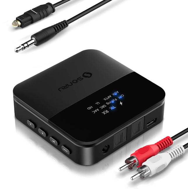 SONRU Bluetooth-saatja-vastuvõtja telerile, Bluetooth-heliadapter, AptX HD madala latentsusega Bluetooth-saatja kahele kõrvaklapile, kõlariga stereosüsteemile, pika leviala, TOSLINK/RCA/AUX/optiline