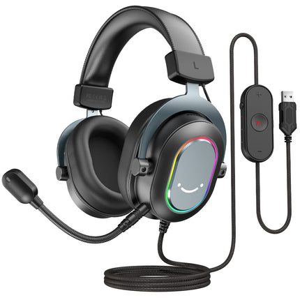 FIFINE mängukõrvaklapid mikrofoniga, kõrvaklapid kaabliga, USB-kõrvaklapid arvutile PS4 PS5, RGB-kõrvaklapid 3 ekvalaiseri režiimiga, ruumiline heli ja kõrvapadjad