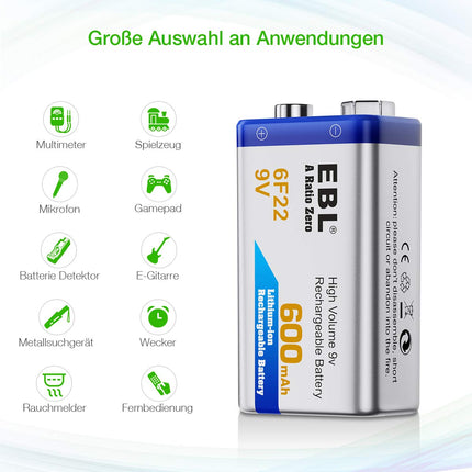 EBL 9v battery 600mAh type Li-Ion 6F22 rechargeable lithium-ion battery, low self-discharge for smoke detectors 4 pieces