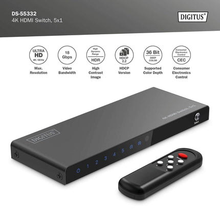 DIGITUS DS-55332 HDMI-lüliti 5x1 - 5 sisendit, 1 väljund - UHD 4K/60 Hz HDTV: 3840 x 2160p - HDCP 2.2 ja HDMI 2.0 - HDR, CEC, Deep Color, DTS, Dolby Digital, LPCM - teleri, monitori, PS5, PS4, Xboxi jaoks