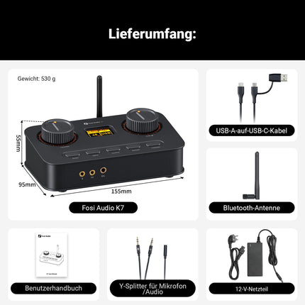 Fosi Audio K7 DAC kõrvaklapivõimendi, USB C digitaalne analoogaudio muundur tööjaamale/mänguarvutile PS5, optiline/koaksiaalne/Bluetooth aptX HD LL/mikrofoni sisend, 3,5 mm/4,4 mm tasakaalustatud/RCA väljund