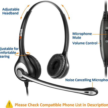 Wanteki telefonipeakomplekt RJ11 binaural mürasummutava mikrofoniga, kiire lahtiühendamisega, lauatelefoni kõrvaklapid Yealinki, Avaya, Cisco, Grandstreami, Snomi, Panasonicu, KXT IP-telefonidele (602QY1)