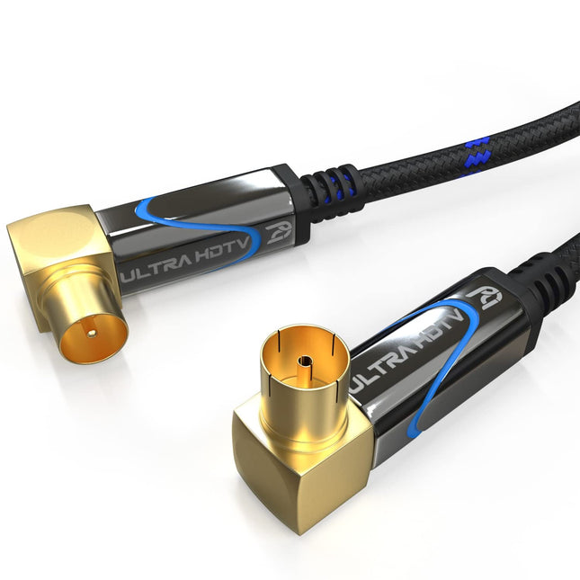 Ultra HDTV 1m teleriantennikaabel, koaksiaalkaabel, koaksiaalpistik (90° nurk) koaksiaalühendusele (90° nurk), metallpistik DVB-T ja DVB-T2, DVB-C, DVB-S, DVB-S2, raadio, FM, DAB jaoks