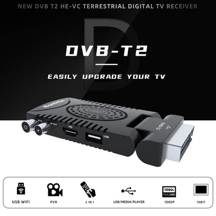 Romicta DVB-T2 vastuvõtja ja kaabelvastuvõtja DVB-C – H.265 HEVC FTA Full HD 1080P, PVR, USB, HDMI, Timeshift, SCART, digitaalne maapealne TV tuuner, ei toeta Freenet TV-d ega satelliiti