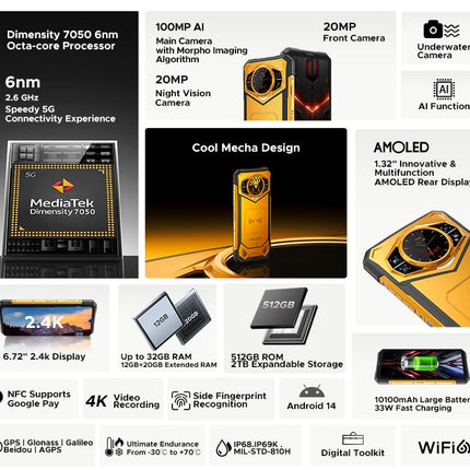 DOOGEE S200X 5G SIM-kaardi lukustamata mobiiltelefonid, 32 GB + 512 GB, aku 10100mAh/33W, vastupidav 4G nutitelefon ilma lepinguta, 100MP + 20MP (Vision Nocturne) + 20MP, Android 14 6.72 AMOLED FHD+, NFC Orange