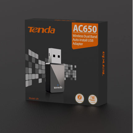 Tenda U9 WLAN Stick AC650 kahesageduslik WLAN USB-adapter (5 GHz: 433 Mbit/s + 2,4 GHz: 200 Mbit/s), LED, USB 2.0, toetab Windows XP/7/8/8.1/10/11