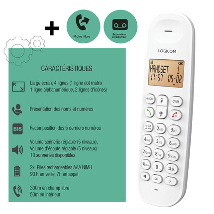 Logicom ILOA 155T juhtmeta lauatelefon automaatvastajaga – Solo – analoog- ja DECT-telefon – valge