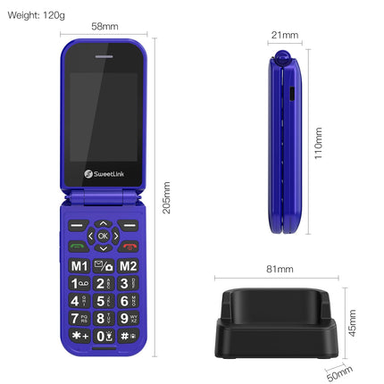SweetLink F4PLUS 4G - lepinguta seenioride mobiiltelefon suurte nuppudega, 2,8-tollise ekraaniga seenioridele mõeldud mobiiltelefon, 1400mAh aku, SOS-hädaabikõne funktsioon, fotokontakt, USB-C laadimisjaam, kahekordne nano-SIM, sinine