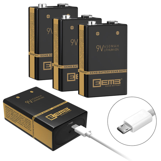 EEMB laetavad 9 V plokkpatareid 650 mAh koos USB laadimiskaabliga, 4 liitium-polümeerist suitsudetektori akut klaviatuuri, mikrofoni, suitsuanduri/kitarri, kaamera ja mänguasjade jaoks (4)