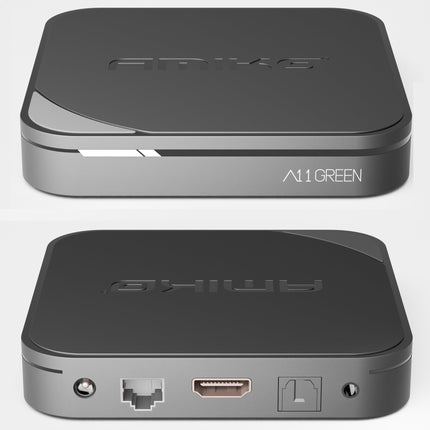 AMIKO A11 roheline 4K UHD Android 11 teleriboks, kahesageduslik WiFi WLAN, HDR10+, HLG, 2 GB muutmälu ja 16 GB välkmälu, teleri vastuvõtja, Bluetooth 4.0, My TV3, SD-kaardi pesa, USB 2.0 ja 3.0, HEVC, infrapunaliides