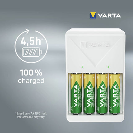VARTA akulaadija, sh 4x AA 2100mAh, akulaadija laetavatele akudele, laeb korraga 2 või 4 AA/AAA akut, pistikupesast laadija, valge