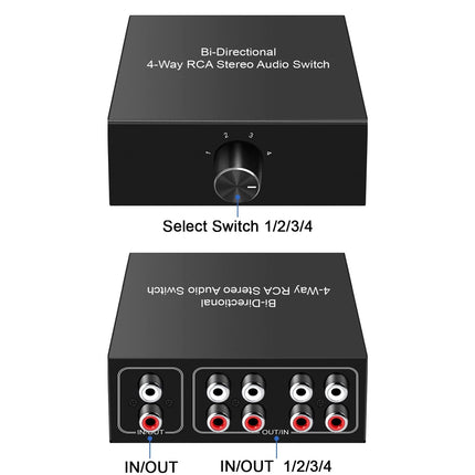 UNSTINCER Cinch RCA L/R audio lüliti 4(1)-sisend-1(4)-väljund, analoog passiivne stereo Aux lüliti, kahesuunaline käsitsi helivaliku lüliti jaotur fonokõrvaklappidele võimendile arvuti kõlarile