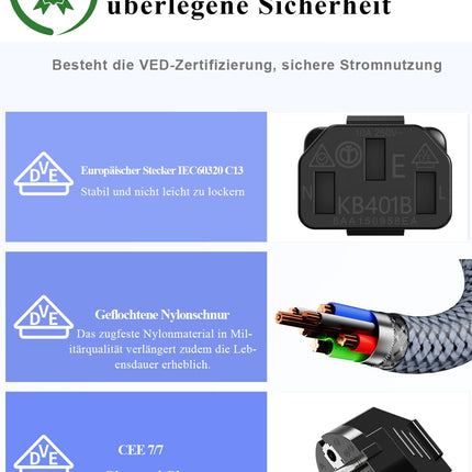 Goalfish 3-kontaktiline toitekaabel, 3,0 m nailonist punutud universaalne toitekaabel (CEE 7/7 kuni C13) VDE sertifikaadiga monitoride, arvutite, printerite, skannerite, telerite, ekraanide, projektorite ja muude seadmete jaoks - hall