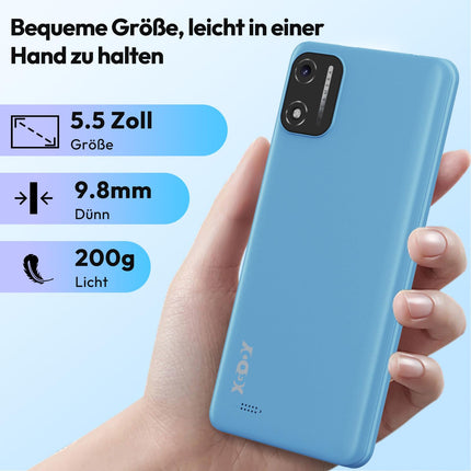 XGODY nutitelefon ilma lepinguta, 5,5-tolline odav nutitelefon 2GB+16GB 128GB laiendatav kaheksatuumaline Android 14 mobiiltelefon, kahe SIM-kaardi ja kahe ooterežiimiga, 8MP+5MP kaamera, Face ID GPS 4G mobiiltelefon (sinine)