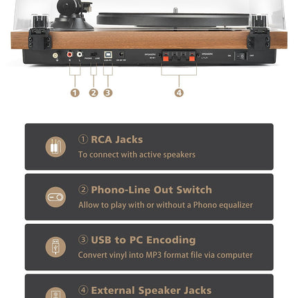 Record player Vinyl Bluetooth record player with 36 watt external speakers, Hi-Fi system, magnetic cassette, USB recording and auto-stop, built-in phono preamplifier 33/45 rpm