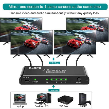 HDMI jaotur 1 sisend 4 väljundit - 4k HDMI jaotur 1 sisend 4 väljundit toetab HDCP 1.4 4K 3D UHD 1080P - HDMI jaotur 4 monitori samaaegselt HD TV Fire Stick Xbox PS3 PS4 jaoks