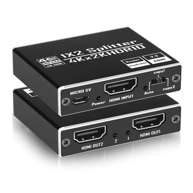 HDMI Splitter 1 in 2 Out 4K@60Hz HDCP2.3 HDR 18Gbps UHD Dolby Atmos EDID Scaler 4K 1080P Aluminum HDMI 2.0 Distributor 1X2 for PS5/4/3, Xbox, Roku, Blu-Ray Player, Firestick, HDTV