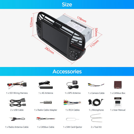 XTRONS 7-tolline IPS Android 14 autoraadio Octa Core 4GB 64GB multimeediapleier FIAT 500-le (2007-2015) Sisseehitatud 4G LTE automäng Android Auto AKM DSP GPS Bluetooth 5.0 WiFi Valikuline DAB OBD TPMS DVR