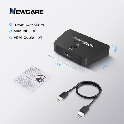 NEWCARE HDMI-lüliti 3 sisse ja 1 välja koos 2,6 jala pikkuse HDMI-kaabliga, 4K@60Hz HDMI-lüliti, 3-pordiline HDMI-jaotur, mis toetab Dolby Atmos HDR10-t