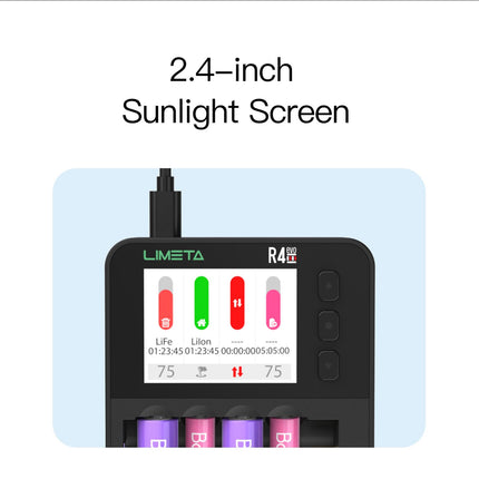 LIMETA R4EVO intelligentne akulaadija AA/AAA akude jaoks, millel on 6 pesa, ekraan ja C-tüüpi QC3.0 väljund. Samuti pakub see tsüklilist laadimist ja tühjendamist.