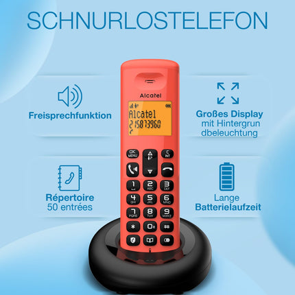 ALCATEL E260 - Juhtmeta DECT-telefon - Kompaktne disain - Suur taustvalgustusega ekraan - Käed-vabad funktsioon - Kõnede blokeerimise funktsioon - Punane