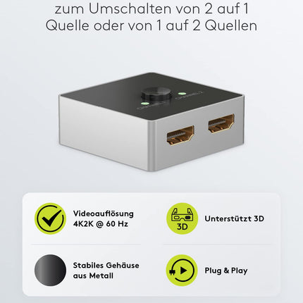 goobay 58486 HDMI-lüliti 2 sisendit, 1 väljundit / 4K sagedusel 60Hz (2160p) HDMI-jaotur/HDMI 2.0-lüliti PS4, PS5, sülearvutite või monitoride jaoks, hõbedane/must