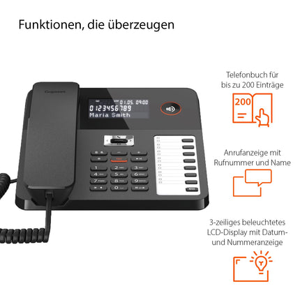 Gigaset Desk 800A - Juhtmega telefon automaatvastajaga - Kolmerealine LCD-ekraan - 5-suunaline navigeerimisnupp - Käed-vabad funktsioon - DTMF- või impulssvalimine, must [saksakeelne versioon]
