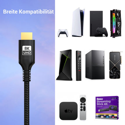 Etseinri 8K 4K HDMI Cable 10M, Nylon Braided 48Gbps High Speed ​​HDMI® Cable 4K 240Hz 165Hz 144Hz 120Hz 8K 60Hz 4:4:4 DTS:X eARC HDCP2.3 HDR10+ TV Monitor Projector Gaming PC PS5 X-box