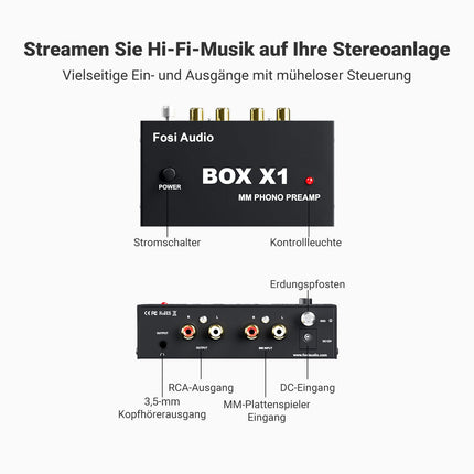 Fosi Audio BOX X1 Phono eelvõimendi, MM-plaadimängijate eelvõimendi 3,5 mm kõrvaklapipesa ja RCA väljundiga, sh toitelüliti – ideaalne fono eelvõimendi vinüülihuvilistele