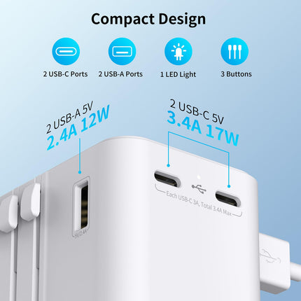 2025. aasta uusim reisiadapter kogu maailmas, universaalne reisipistik 2 USB A ja 2 USB C-ga, rahvusvaheline pistikutega reisiadapter Saksamaa, USA, Inglismaa, Austraalia ja Jaapani jaoks, reisitarbed (valge)