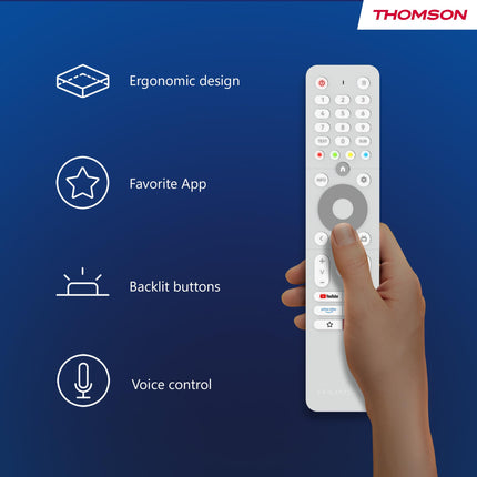 Thomson 43-tolline (109 cm) 4K Ultra HD valge Android Smart TV, Google Assistant, WiFi, Dolby Digital, Bluetooth, kolmekordne tuuner (kaabel/satelliit/antenn), HDMI, CI+, A+ paneel – 43UA5S13W