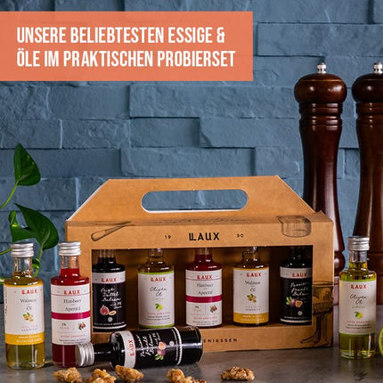 LAUX äädika ja õli kinkekomplekt – 5 x 40 ml delikatessijäätis oliiviõli, kreeka pähkliõli ja palsamiäädikaga – gurmee kinkekarp toidusõpradele ja asjatundjatele – delikatessikomplekt salatite ja muu jaoks