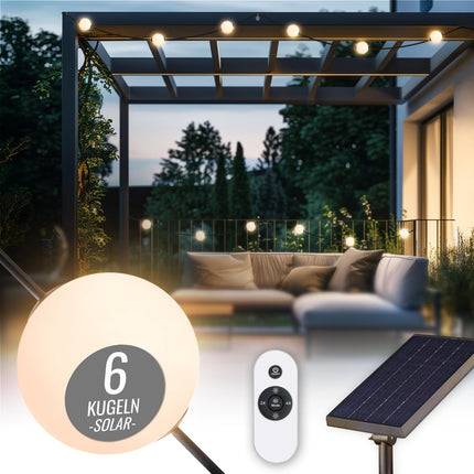 8 aastaaja disainiga päikeseenergial töötav aiavalguskett, 5,5 m - Hõõguv elegants - hämardatav, 6 valget palli (10 cm läbimõõduga), soe valge LED, patareitoitega, sise- ja välistingimustes kasutamiseks, kaasas kaugjuhtimispult, laetav USB-C kaudu