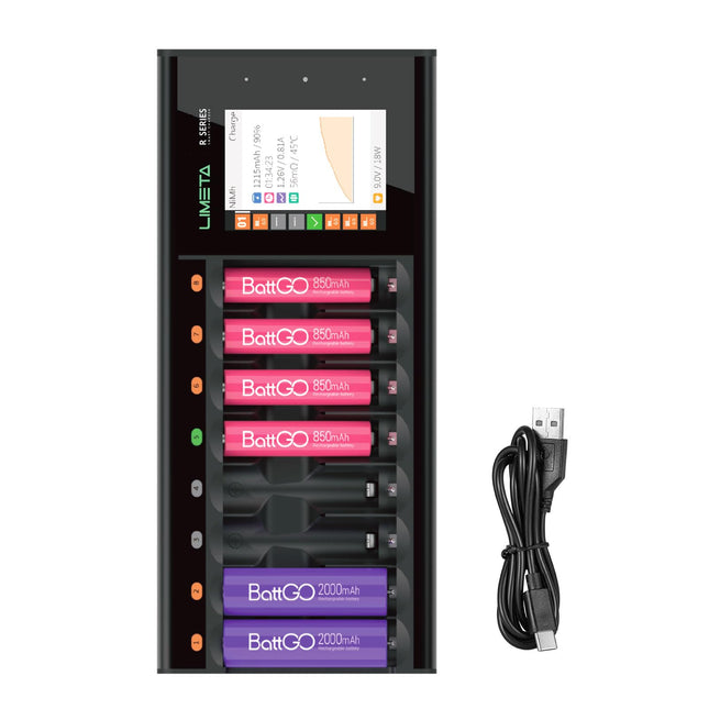 LIMETA nutikas akulaadija AA AAA akudele, akulaadija LCD-ekraaniga, 8 pesaga universaalne kiire akulaadija, USB Type-C QC3.0 NI-MH NI-CD LiHv Li-lon LiHv 18650 akudele, must